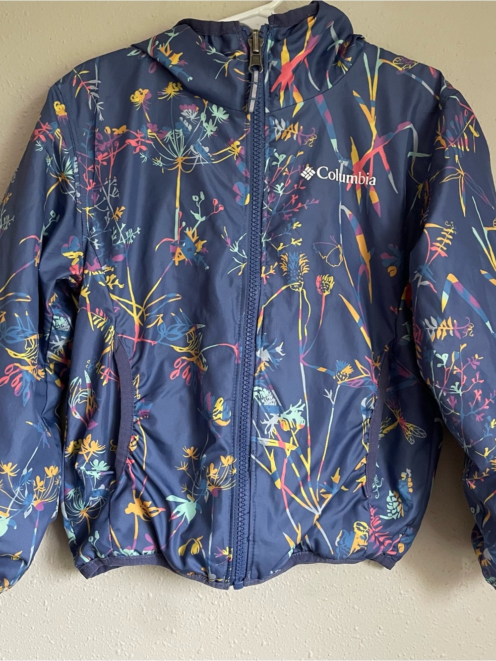 Columbia Kids' Navy Floral Hooded Packable Reversible Windbreaker Jacket